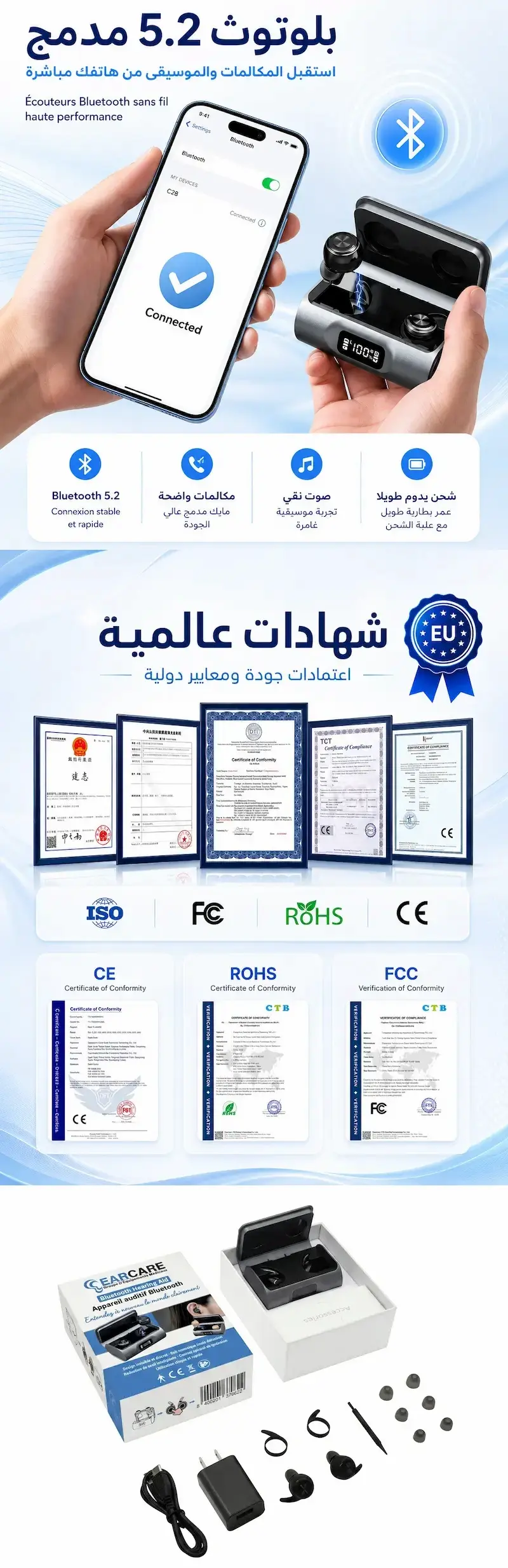 Bluetooth 5.2, certifications internationales et contenu de la boîte Earcare