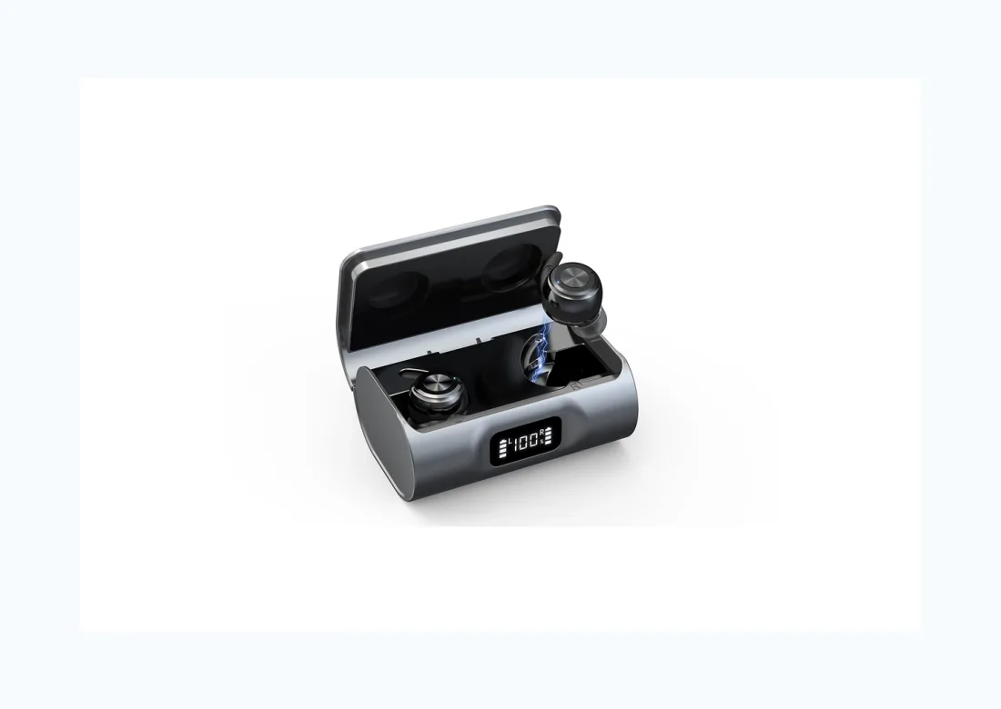 Estuche de carga abierto con audífonos Bluetooth