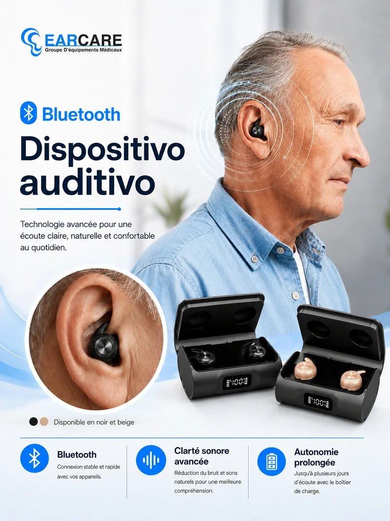 Hombre mayor usando dispositivo auditivo Bluetooth Audoune